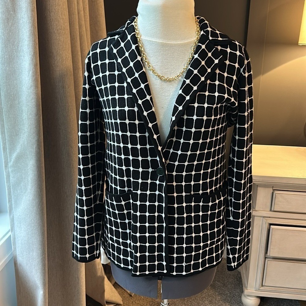MAX STUDIO Black and White Grid Print Knit Blazer Jacket Women's XS MonoChrome‎